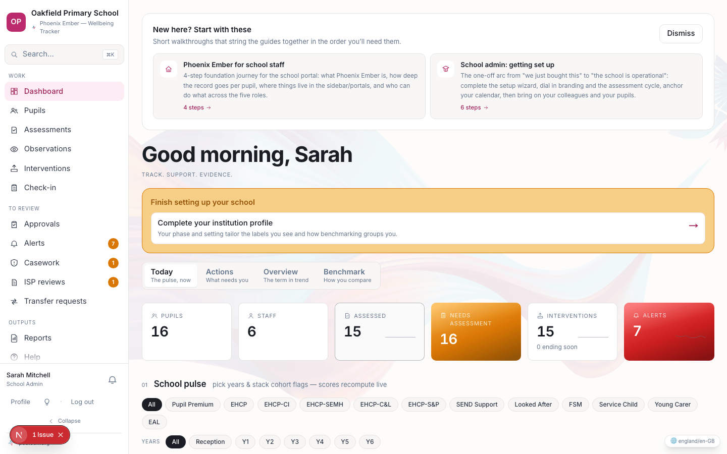 The Phoenix Ember dashboard, showing pupil KPI tiles — pupils, staff, assessed, needs assessment, interventions and alerts — with a live Red/Amber/Green mix