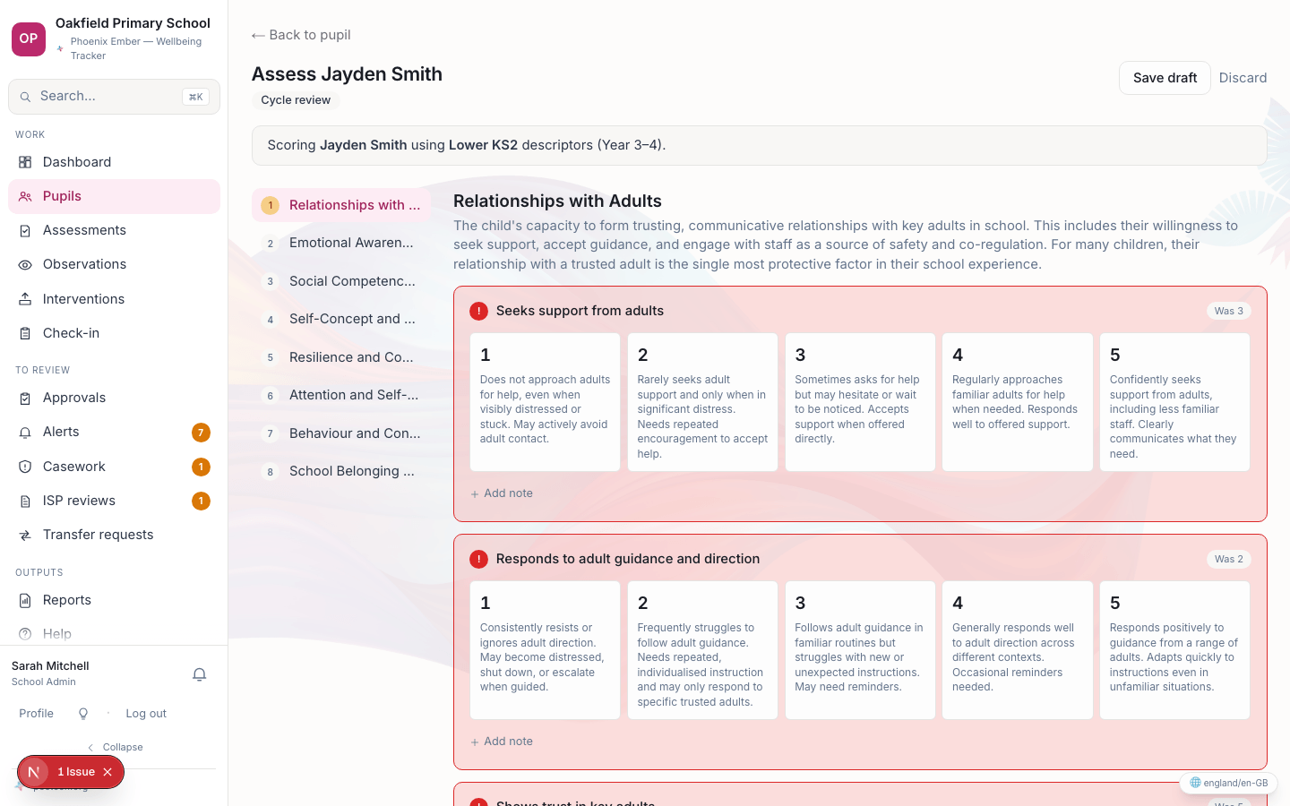 The assessment scoring screen, showing five plain-English 1–5 indicator anchors for one wellbeing domain